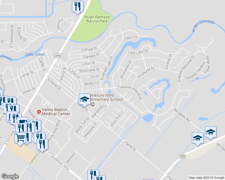 map of restaurants, bars, coffee shops, grocery stores, and more near 2329 Lazy Lake Drive in Harlingen