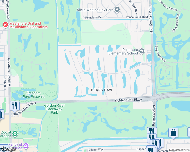 map of restaurants, bars, coffee shops, grocery stores, and more near 1399 Great Egret Trail in Naples