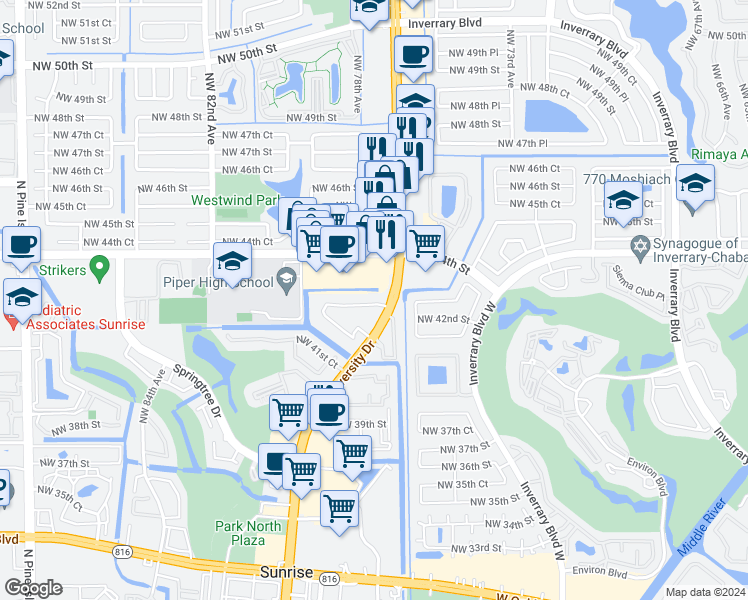 map of restaurants, bars, coffee shops, grocery stores, and more near 7613 Northwest 42nd Place in Sunrise
