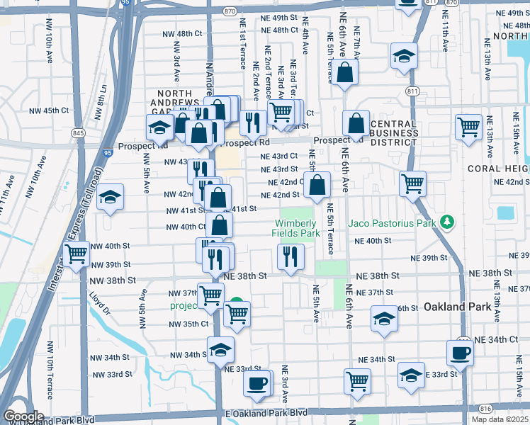 map of restaurants, bars, coffee shops, grocery stores, and more near 240 Northeast 42nd Street in Oakland Park