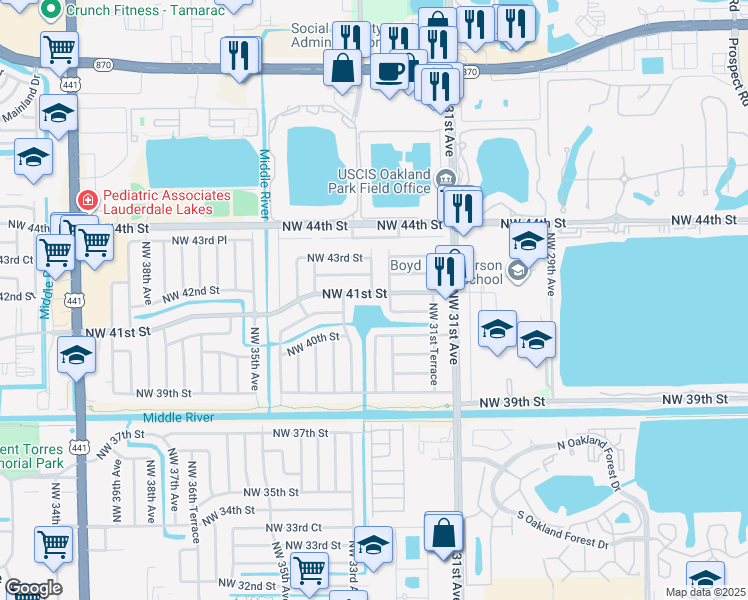 map of restaurants, bars, coffee shops, grocery stores, and more near 3199 Northwest 41st Street in Fort Lauderdale