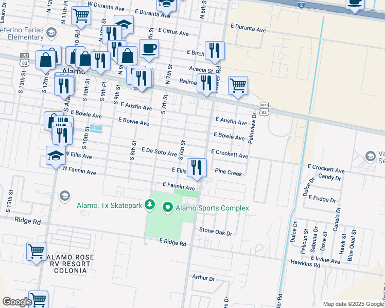 map of restaurants, bars, coffee shops, grocery stores, and more near 519 East Crockett Avenue in Alamo