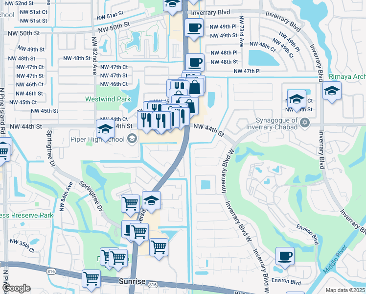 map of restaurants, bars, coffee shops, grocery stores, and more near 4466 North University Drive in Lauderhill
