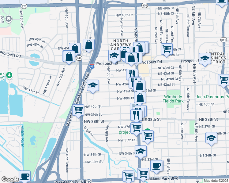 map of restaurants, bars, coffee shops, grocery stores, and more near 380 Northwest 42nd Street in Oakland Park