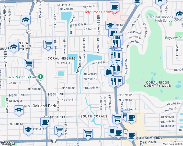 map of restaurants, bars, coffee shops, grocery stores, and more near 4040 Northeast 17th Avenue in Oakland Park