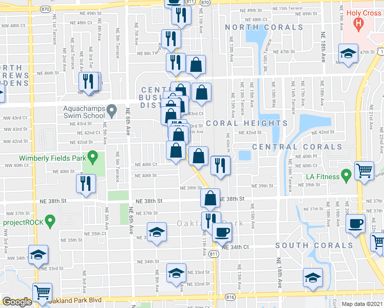 map of restaurants, bars, coffee shops, grocery stores, and more near 4222 North Dixie Highway in Oakland Park
