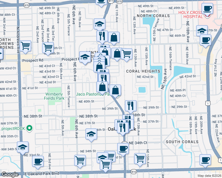 map of restaurants, bars, coffee shops, grocery stores, and more near 4222 North Dixie Highway in Oakland Park