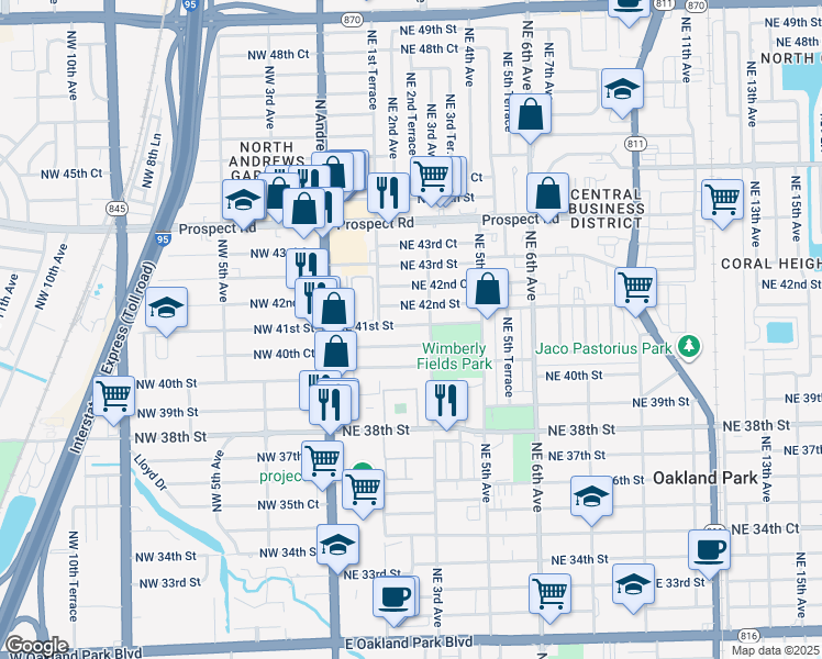 map of restaurants, bars, coffee shops, grocery stores, and more near 240 Northeast 42nd Street in Oakland Park