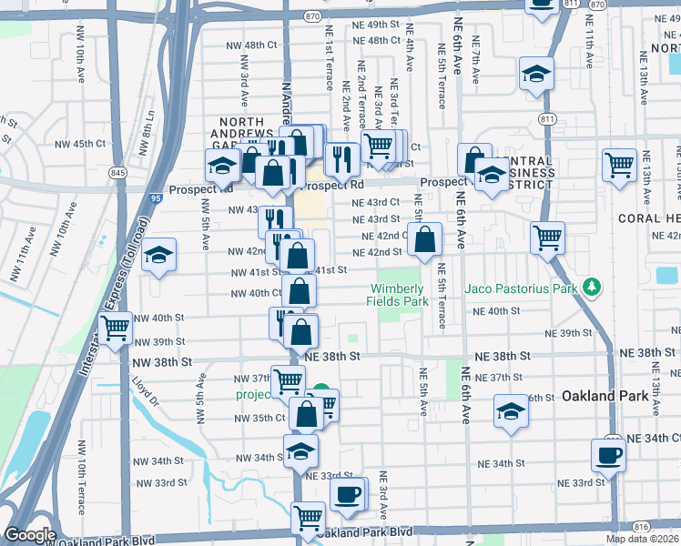 map of restaurants, bars, coffee shops, grocery stores, and more near 101 Northeast 41st Street in Oakland Park