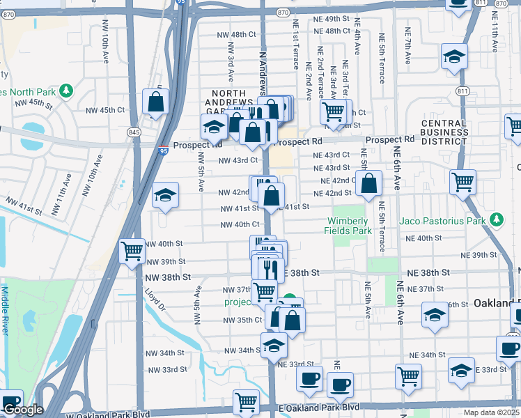 map of restaurants, bars, coffee shops, grocery stores, and more near 95 Northeast 41st Street in Oakland Park