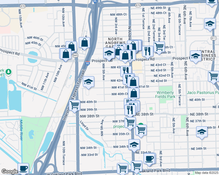 map of restaurants, bars, coffee shops, grocery stores, and more near 380 Northwest 42nd Street in Oakland Park