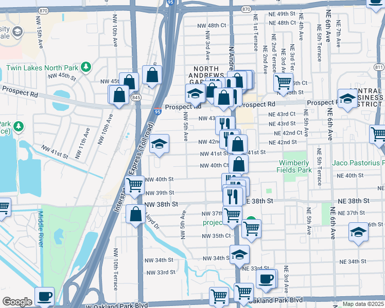 map of restaurants, bars, coffee shops, grocery stores, and more near 4151-4161 Northwest 5th Avenue in Oakland Park