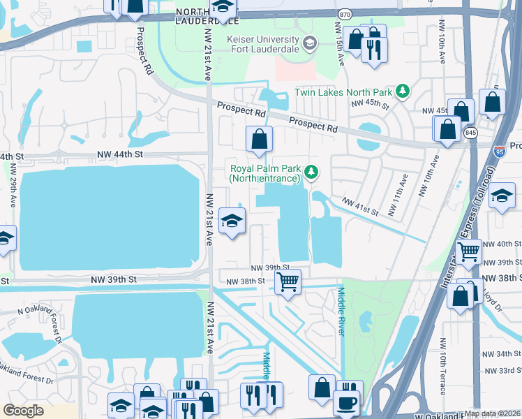 map of restaurants, bars, coffee shops, grocery stores, and more near 1891 Northwest 40th Court in Oakland Park