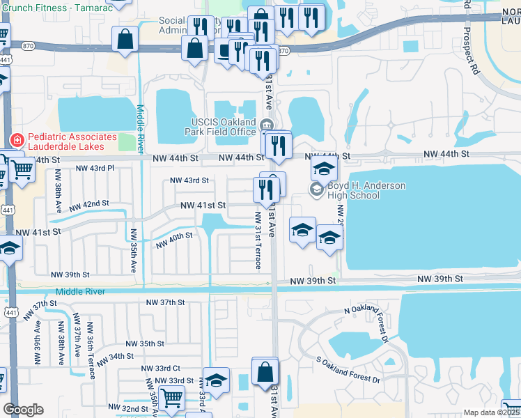 map of restaurants, bars, coffee shops, grocery stores, and more near 3131 Northwest 41st Street in Fort Lauderdale