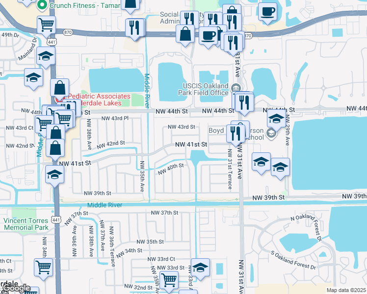 map of restaurants, bars, coffee shops, grocery stores, and more near 3279 Northwest 41st Street in Lauderdale Lakes