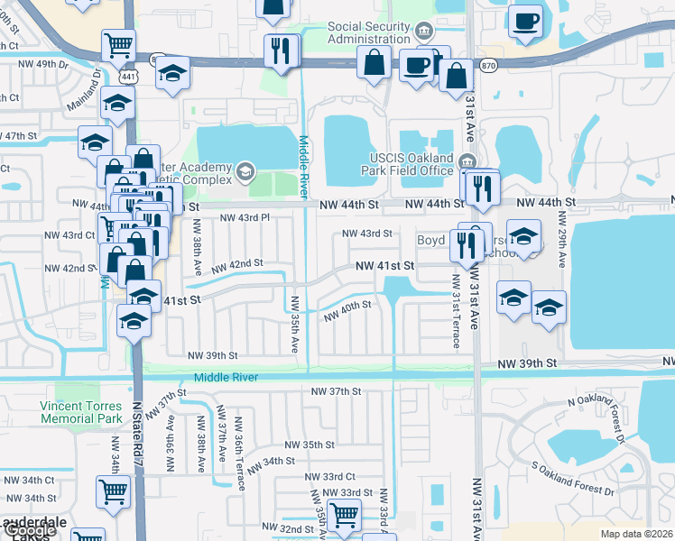 map of restaurants, bars, coffee shops, grocery stores, and more near 4166 Northwest 34th Way in Fort Lauderdale