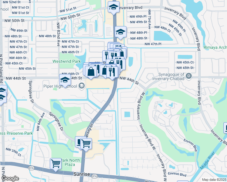 map of restaurants, bars, coffee shops, grocery stores, and more near 4466 North University Drive in Lauderhill