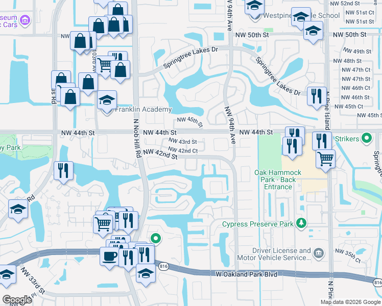 map of restaurants, bars, coffee shops, grocery stores, and more near 9704 Northwest 43rd Street in Sunrise