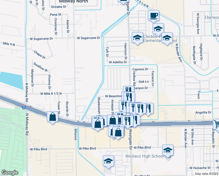 map of restaurants, bars, coffee shops, grocery stores, and more near 1800 Taft Street in Weslaco