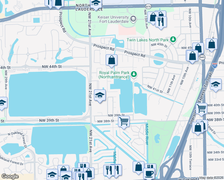 map of restaurants, bars, coffee shops, grocery stores, and more near 1891 Northwest 40th Court in Oakland Park
