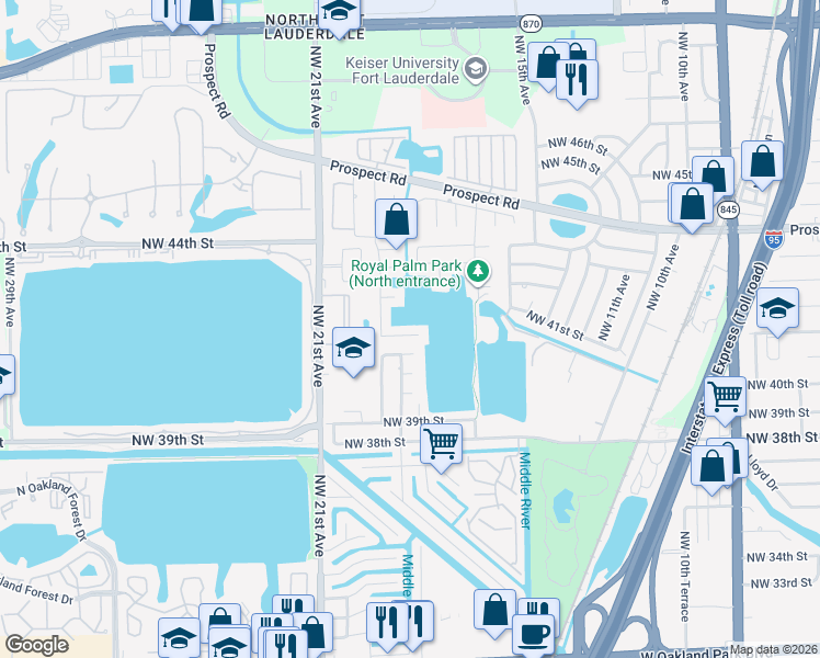 map of restaurants, bars, coffee shops, grocery stores, and more near 1891 Northwest 40th Court in Oakland Park