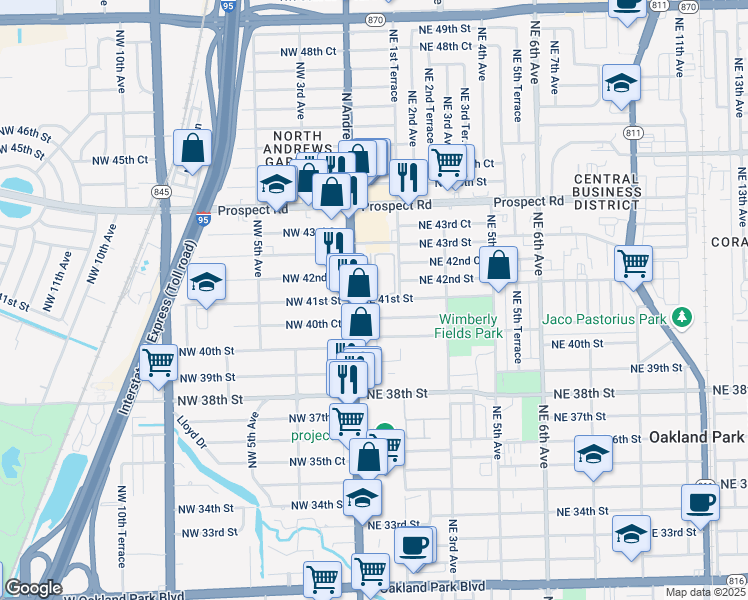 map of restaurants, bars, coffee shops, grocery stores, and more near 95 Northeast 41st Street in Oakland Park
