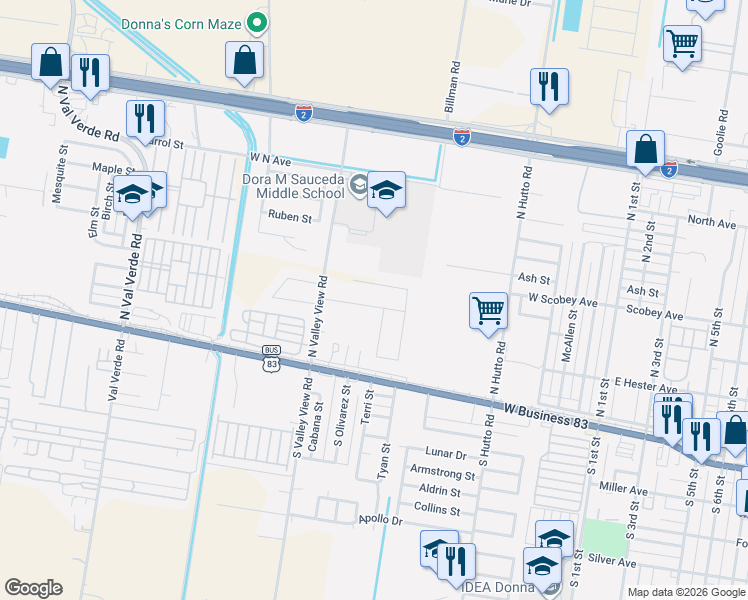 map of restaurants, bars, coffee shops, grocery stores, and more near 316 N Valley View Rd in Donna