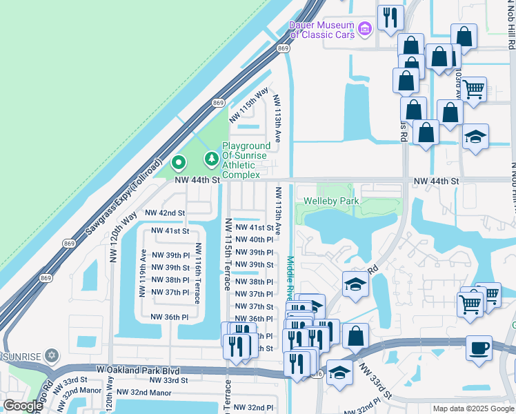 map of restaurants, bars, coffee shops, grocery stores, and more near 4280 Northwest 113th Terrace in Sunrise