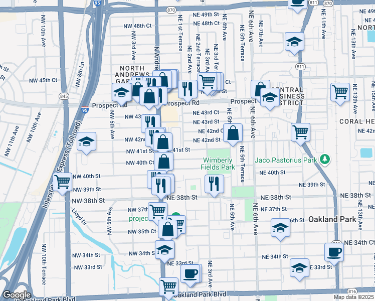map of restaurants, bars, coffee shops, grocery stores, and more near 101 Northeast 41st Street in Oakland Park