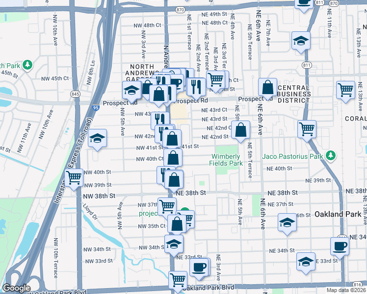 map of restaurants, bars, coffee shops, grocery stores, and more near 101 Northeast 41st Street in Oakland Park