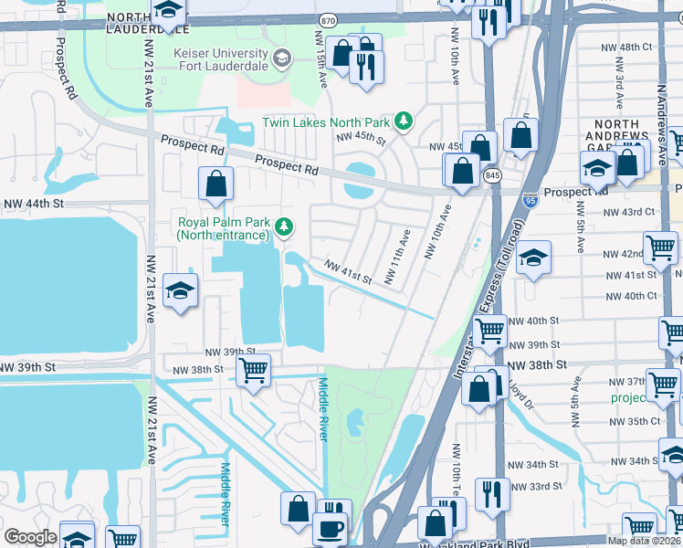 map of restaurants, bars, coffee shops, grocery stores, and more near 4113 Northwest 12th Terrace in Fort Lauderdale