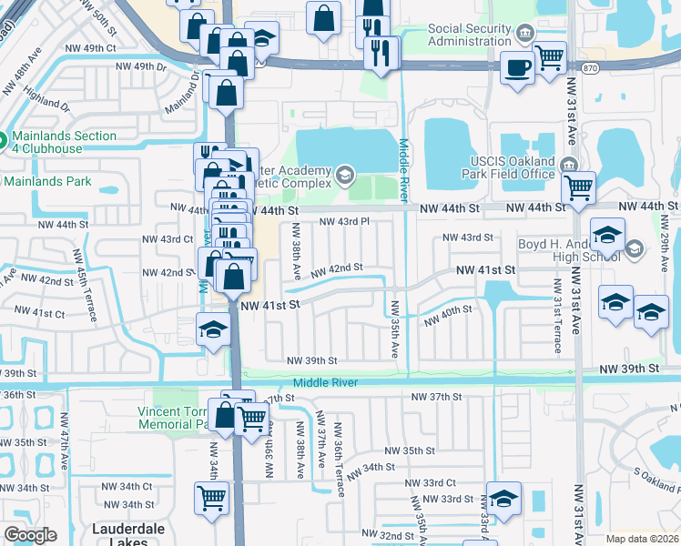 map of restaurants, bars, coffee shops, grocery stores, and more near 4201 Northwest 36th Way in Lauderdale Lakes