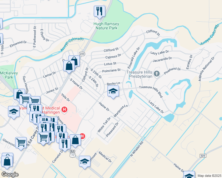 map of restaurants, bars, coffee shops, grocery stores, and more near 2602 Becky Lane in Harlingen