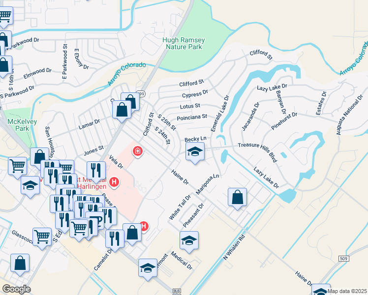 map of restaurants, bars, coffee shops, grocery stores, and more near 2501 Treasure Hills Boulevard in Harlingen