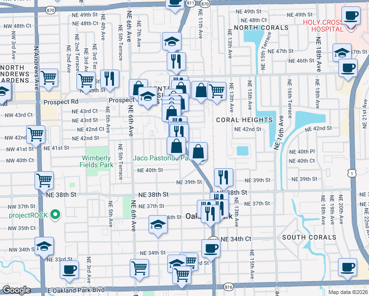 map of restaurants, bars, coffee shops, grocery stores, and more near 4149 North Dixie Highway in Oakland Park