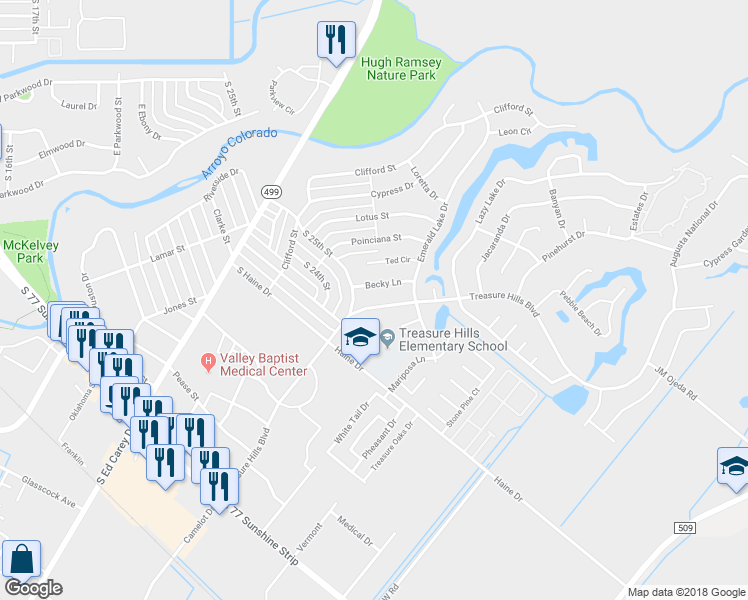 map of restaurants, bars, coffee shops, grocery stores, and more near 2605 Treasure Hills Boulevard in Harlingen