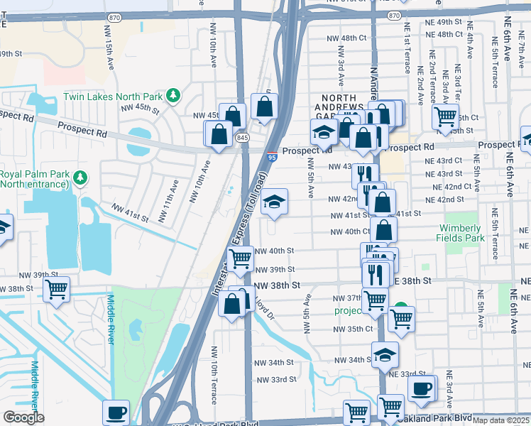 map of restaurants, bars, coffee shops, grocery stores, and more near 788 Northwest 42nd Street in Oakland Park