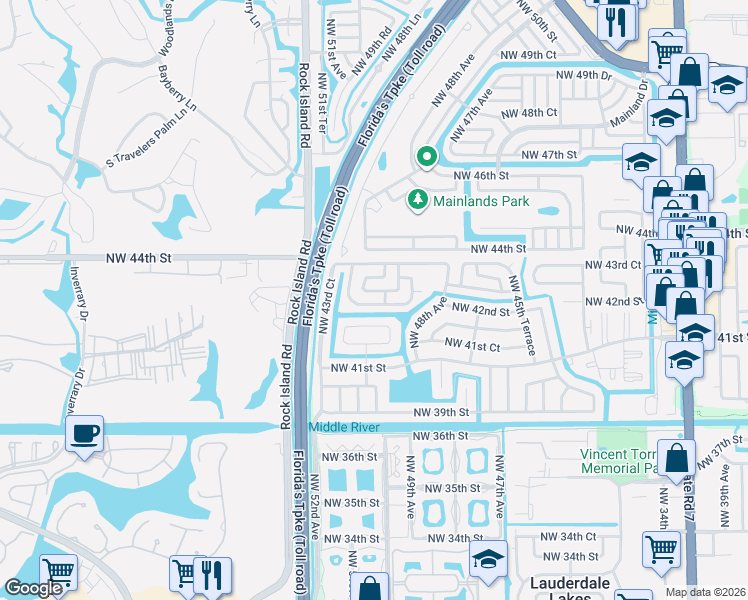 map of restaurants, bars, coffee shops, grocery stores, and more near 5050 Northwest 42nd Court in Lauderdale Lakes