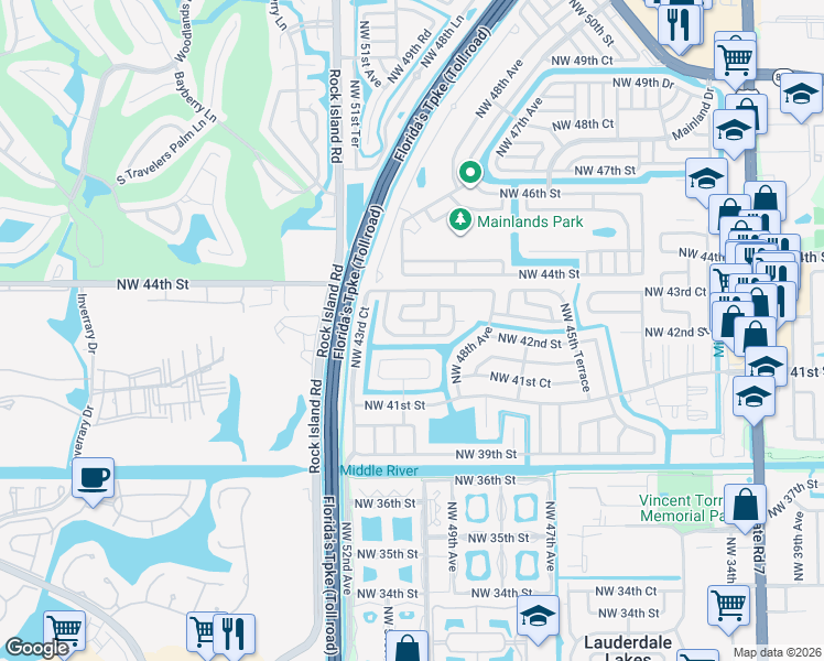 map of restaurants, bars, coffee shops, grocery stores, and more near 5050 Northwest 42nd Court in Lauderdale Lakes