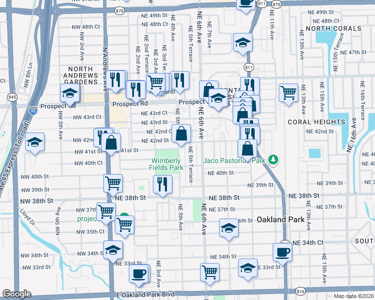 map of restaurants, bars, coffee shops, grocery stores, and more near 4120 Northeast 5th Avenue in Oakland Park