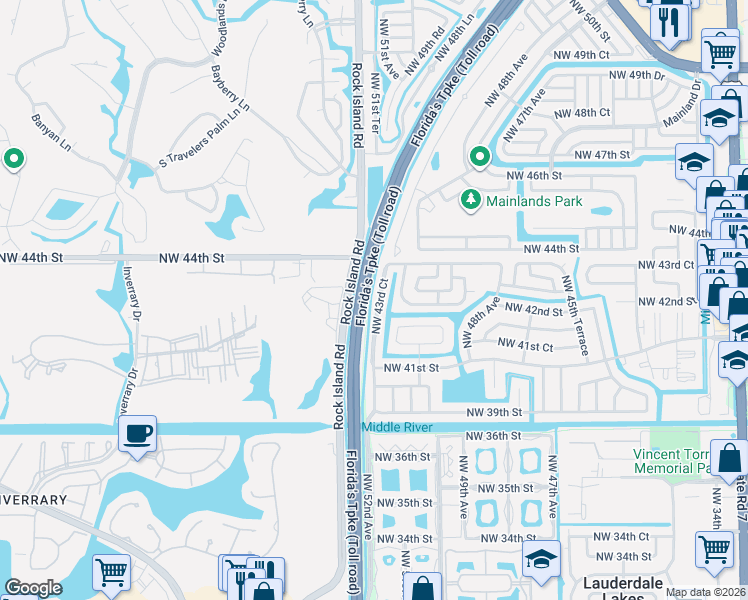 map of restaurants, bars, coffee shops, grocery stores, and more near 4220 Northwest 52nd Avenue in Lauderdale Lakes