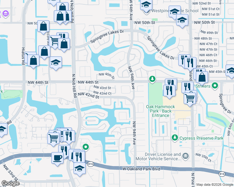 map of restaurants, bars, coffee shops, grocery stores, and more near 9580 Northwest 43rd Street in Sunrise