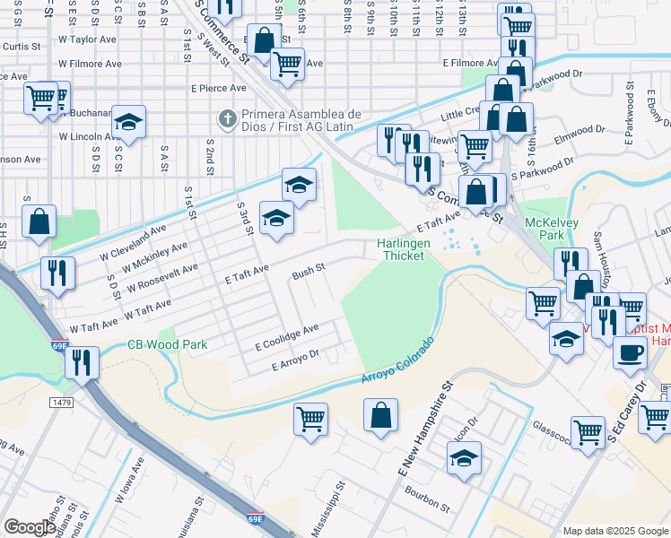 map of restaurants, bars, coffee shops, grocery stores, and more near 525 Bush Street in Harlingen