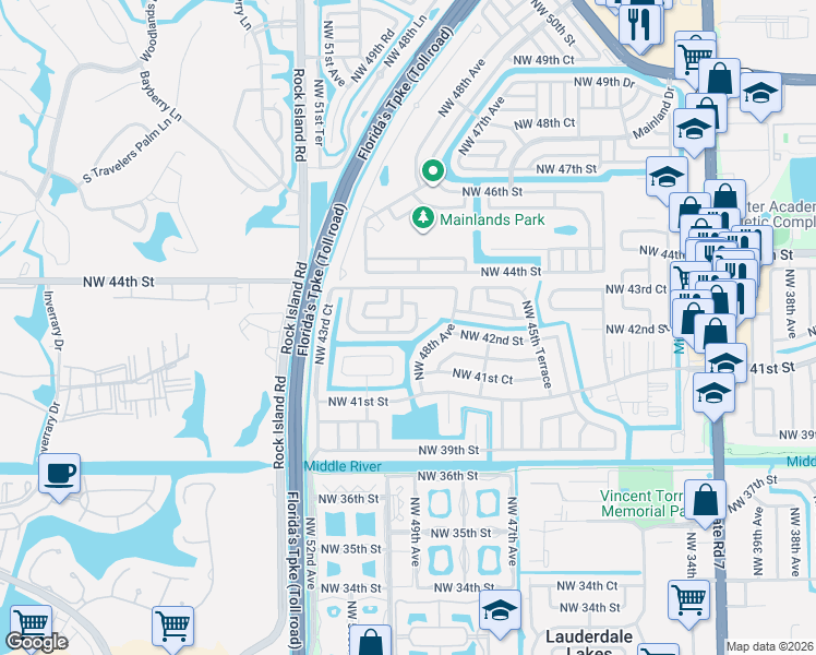 map of restaurants, bars, coffee shops, grocery stores, and more near 4230 Northwest 49th Terrace in Lauderdale Lakes
