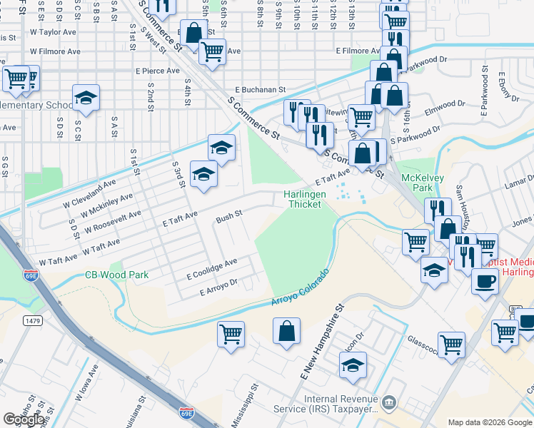 map of restaurants, bars, coffee shops, grocery stores, and more near 630 Bush Street in Harlingen