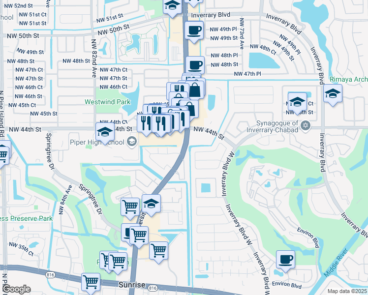map of restaurants, bars, coffee shops, grocery stores, and more near 4466 North University Drive in Lauderhill