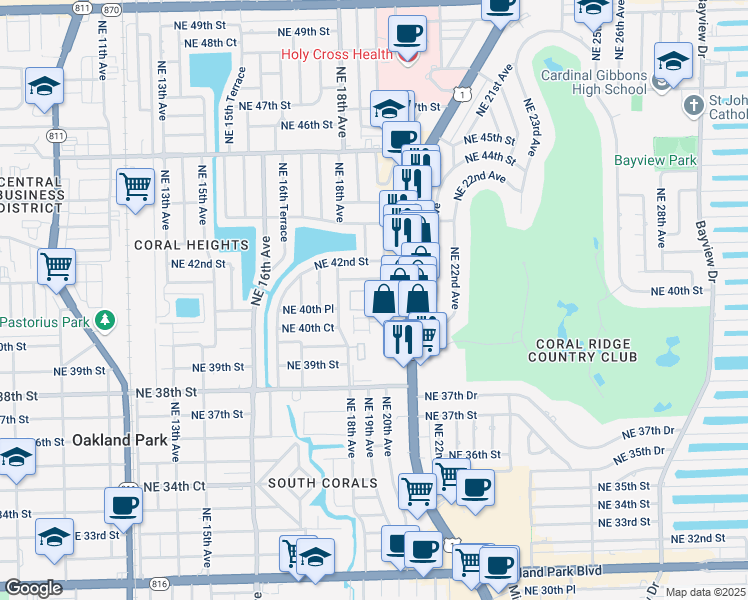 map of restaurants, bars, coffee shops, grocery stores, and more near 1910 Northeast 41st Street in Oakland Park