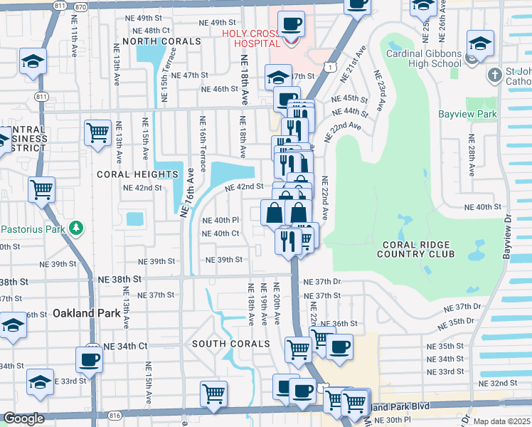 map of restaurants, bars, coffee shops, grocery stores, and more near 1910 Northeast 41st Street in Oakland Park