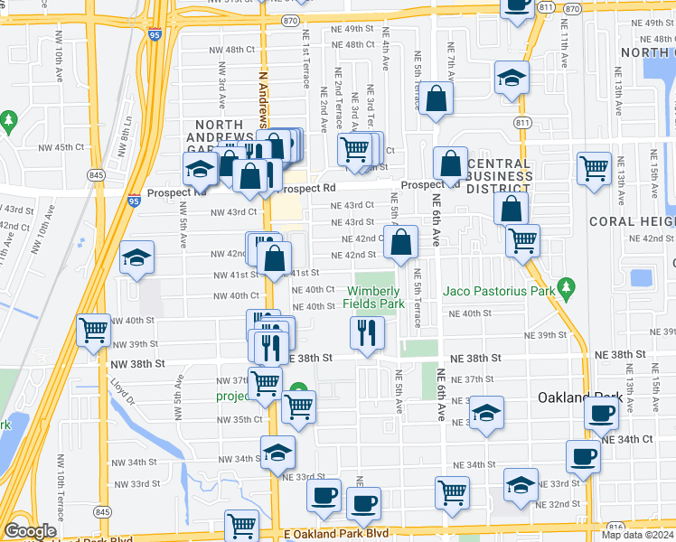 map of restaurants, bars, coffee shops, grocery stores, and more near 240 Northeast 42nd Street in Oakland Park