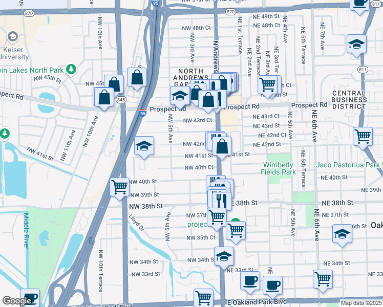 map of restaurants, bars, coffee shops, grocery stores, and more near 380 Northwest 42nd Street in Oakland Park